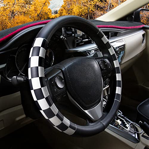 Lattice Leather Steering Wheel Cover, Black and White Checker Car Accessories, Non-Slip and Comfortable Unisex Universal Steering Wheel Cover 15 inch for Women Men (Black and White Checker)