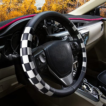 Lattice Leather Steering Wheel Cover, Black and White Checker Car Accessories, Non-Slip and Comfortable Unisex Universal Steering Wheel Cover 15 inch for Women Men (Black and White Checker)