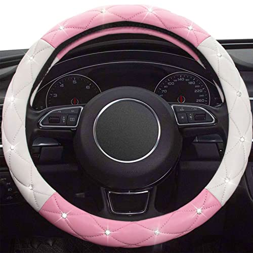 White Pink Steering Wheel Cover, Anti-Slip Steering Wheel Protector with Crystal Rhinestones Microfiber Leather, Steering Wheel Cover for Women and Girl Fit 14.5-15 inch - color: White+Pink