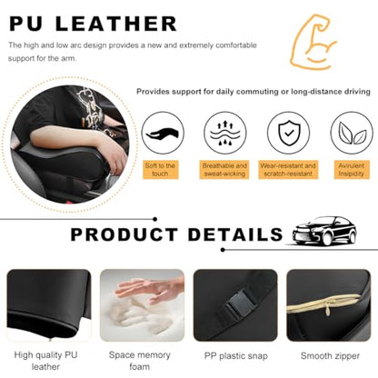 Car Armrest Cushion, Memory Foam Auto Armrest Cushion Pad with Phone Holder Storage Bag, Leather Center Console Armrest Pillow for Most Vehicles, Universal Car Accessories (Black)