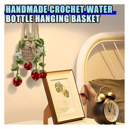 Crochet Hanging Plant Car Pendant - 12ml Empty Refillable Glass Bottle and Cute Potted Plant Car Rear View Mirror Charm - Handmade Knitted Ornament (Strawberry)