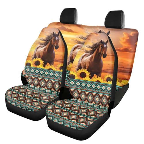 FUSURIRE Aztec Sunflower Horse Car Seat Covers Full Set for Women Heavy Duty Auromotive Decoration 4 Piece Universal Truck Sedan Vans, Native American Car Accessories Gifts - color: Aztec Sunflower Horse
