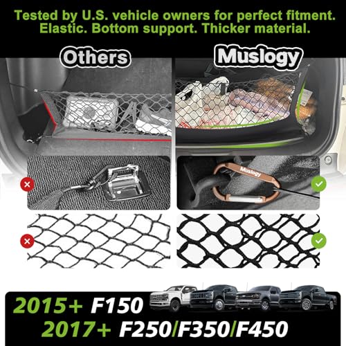 Truck Bed Cargo Net Trunk Netting Compatible with 2015+ Ford F150 & 2017+ F250/F350/F450 (Snap-in Tie Down) Accessories, Pickup Cargo Organizer SUV Sedan Storage Net w/Heavy Duty Carabiners - style: 2015+ F150 & 2017+ F2/3/450(Snap-In Tie Down)