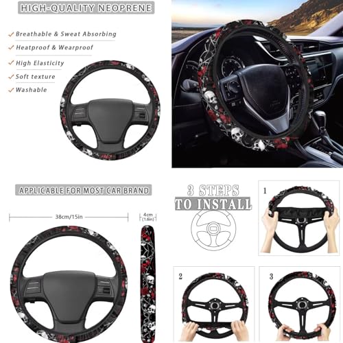 Skull Rose Butterfly Print Red Black 15 Pack Car Seat Cover Set, Car Accessories Set Front Rear Seat Covers Steering Wheel Cover Seat Belt Covers Car Headrest Cover - color: Skull Rose Butterfly Print Red Black