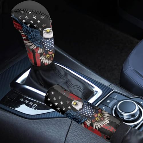 American Flag Eagle Pattern 2 Pieces Car Gear Shift Cover Set for Women Men, Patriotic Auto Gear Shift Knob Protector with Handbrake Cover Automotive Interior Decoration - color: American Flag Eagle