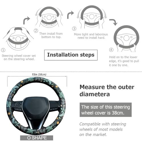 Flowers and Strawberries Steering Wheel Cover Auto Leather Steering Wheel Protector, Anti-Slip, Breathable, Absorbing Sweat, Universal Car Accessories 14.5–15 inch,Fit for Most Car, Trucks, SUV - style: Flowers and Strawberries