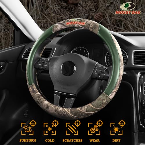 Mossy Oak Full Camo Steering Wheel Cover - Made from Premium Leather, Universal Fit for 14 1/2 to 15 inches - Official Licensed Product - Green Color - color: GREEN