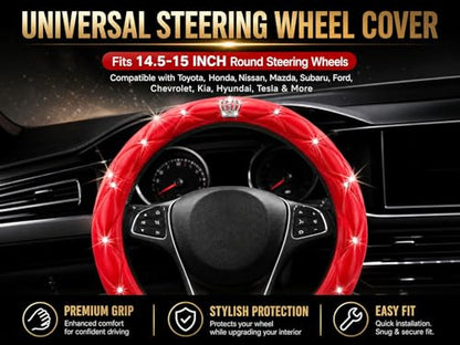 Bling Sparkly Crown Soft Leather Car Steering Wheel Cover for Women Girl,Bling Diamond Crystal Glitter Rhinestones Universal Fit 14.5in-15in Auto Wheel Protector for Suvs,Vans,Sedans,Cars (Crown-Red) - color: Crown-Red