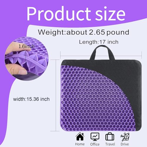 Gel Seat Cushion, for Long Sitting -Double Thick Gel Seat Cushion Breathable Honeycomb Chair Cushion with Non-Slip Cover for Office Chair Car, Wheelchair, Long Trips,Relief Sciatica Pain - color: Large Violet