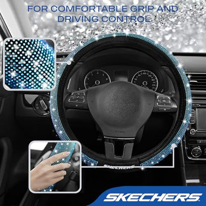 Skechers Women’s Bling Steering Wheel Cover, Velvet with Sparkly Crystal Rhinestones, Stylish Car Interior Gift, Universal Fit 14" 1/2-15" for Cars, SUVs, Trucks, Blue Diamond