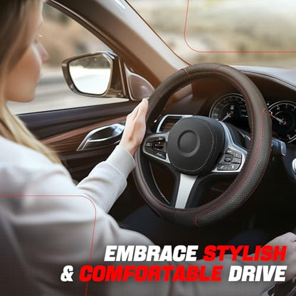 Auto Dynasty Steering Wheel Cover, Breathable Microfiber Leather Car Steering Wheel Protector with Hexagon Quilted Non-Slip Grip Pattern, Anti-Slip, [14 1/2 to 15 Inches] Universal Fit Cars Trucks SUV - color: Hexagon Stitched Red A
