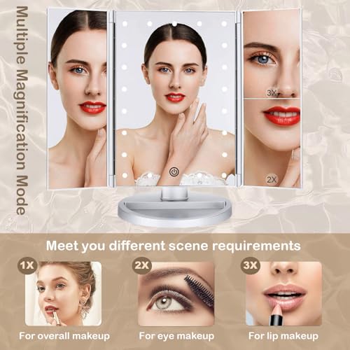 Tri-fold Lighted Vanity Makeup Mirror with 3x/2x Magnification,Light up Mirror for Makeup,Touch Screen 21 LEDs,180° Rotation Countertop Cosmetic Mirror,Gifts for Women Mom Teen Girls