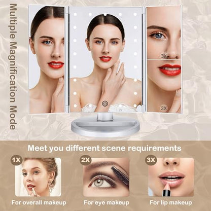 Tri-fold Lighted Vanity Makeup Mirror with 3x/2x Magnification,Light up Mirror for Makeup,Touch Screen 21 LEDs,180° Rotation Countertop Cosmetic Mirror,Gifts for Women Mom Teen Girls