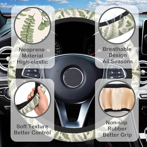 Leaves and Herbs Steering Wheel Cover with 2 Pcs Car Coasters Neoprene Steering Wheel Cover for Women Men Anti-Slip Breathable Car Accessories Universal 15 Inch Fit Auto Cars Trucks - color: Leaves and Herbs
