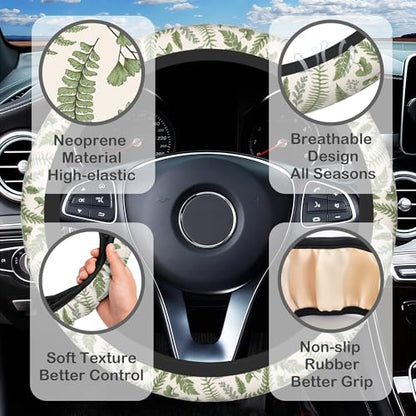 Leaves and Herbs Steering Wheel Cover with 2 Pcs Car Coasters Neoprene Steering Wheel Cover for Women Men Anti-Slip Breathable Car Accessories Universal 15 Inch Fit Auto Cars Trucks - color: Leaves and Herbs