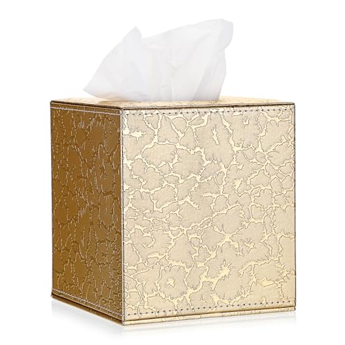 Sumnacon Square Leather Tissue Box Cover - Stylish Cube Tissue Box Holder with Magnetic Bottom, Decorative PU Tissue Box for Vanity Dresser Night Stand Table Countertop Home Office Car, Gold - color: Gold