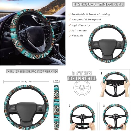 Wanyint 14 PCS Car Seat Cover Set, with Steering Wheel Seat Belt Covers Waste Bin Center Console Pad Rear View Mirror Handbrake Set Coasters Auto Accessories Decor, Aztec Navajo Horse Turquoise - color: Aztec Navajo Horse Turquoise