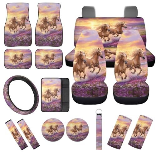 Purple Flower Horse 17 Pcs Car Accessories Seat Covers Full Set Steering Wheel Cover Floor Mats Center Console Pad Cup Holders Seat Belt Pads for Women Men Car Interior Decor - color: Purple Flower Horse
