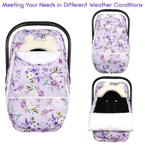 Winter Car Seat Cover Baby Girl Boy, Warm & Windproof Infant Carseat Cover Canopy Protect Baby from Cold Weather, Plush Fleece, Purple Floral - color: Purple Floral