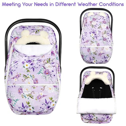 Winter Car Seat Cover Baby Girl Boy, Warm & Windproof Infant Carseat Cover Canopy Protect Baby from Cold Weather, Plush Fleece, Purple Floral - color: Purple Floral