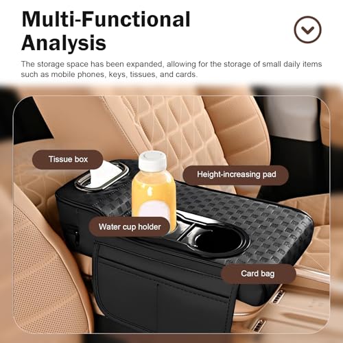 Car Armrest Cushion, Classic Grid Pattern Car Center Console Cover Pad, Waterproof 4-in-1 Armrest Cover with Tissue Box, Cup Holder, 2 Storage Bags, Universal for Most Cars (Black) - color: Black