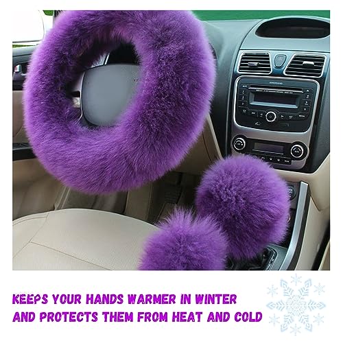 3PCS Wool Steering Wheel Cover with Fuzzy Handbrake Cover & Gear Shift Cover, Universal 15 Inch Steering Wheel Fluffy Soft Protector, Comforting Warm Car Decoration for Women Men (Purple) - style: Purple