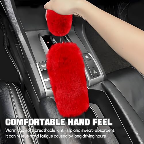 Hovom 2PCS Fluffy Car Gear Shift Knob Cover & Handbrake Cover, Soft Plush Hand Brake Handle & Gear Shift Cover for Women Girls, Universal Comfortable Warm Furry Car Accessories (Red) - color: Red