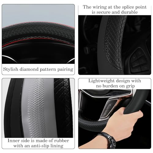 Black Car Steering Wheel Cover, Microfiber, Leather Patchwork, Universal 14.5-15 Inch Leather Anti-Slip Breathable Auto Steering Wheel Covers for Men Women - color: Black