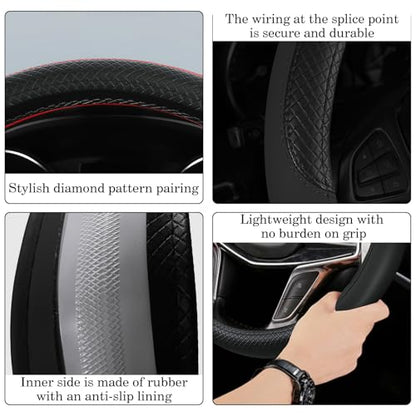 Black Car Steering Wheel Cover, Microfiber, Leather Patchwork, Universal 14.5-15 Inch Leather Anti-Slip Breathable Auto Steering Wheel Covers for Men Women - color: Black