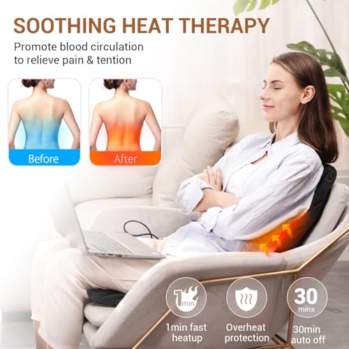 Back Massager with Heat,Heated Seat Cover Cushion with 5 Vibrating Massage Nodes Chair Pad for Pain Relief Home Office Use