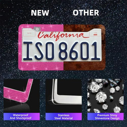 25PCS Bling Car Car Accessories Set,15 Inch Steering Wheel Cover,Shiny License Plate Frame,Center Console Cover and Rearview Mirror Set and Other Car Accessories(Rose Pink) - color: Rose Pink