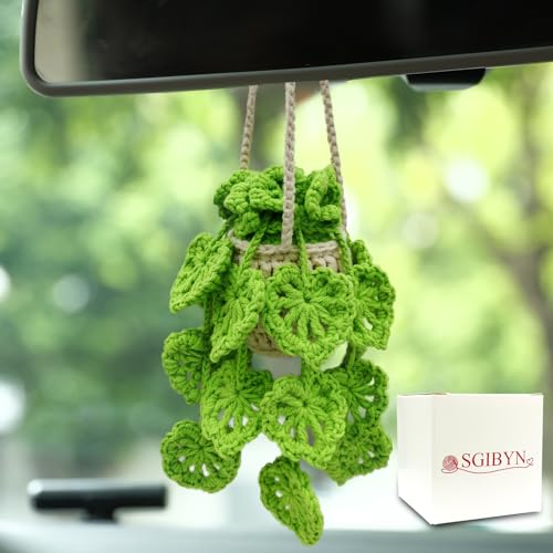 Crochet Hanging Plant for Car,Car Decorations Interior,Plant Aesthetic Car Accessories for Women Interior Cute,Car Pendant Ornaments Charms for Rear View Mirror,Boho Car Decoration Gifts - color: Cutout Leaves