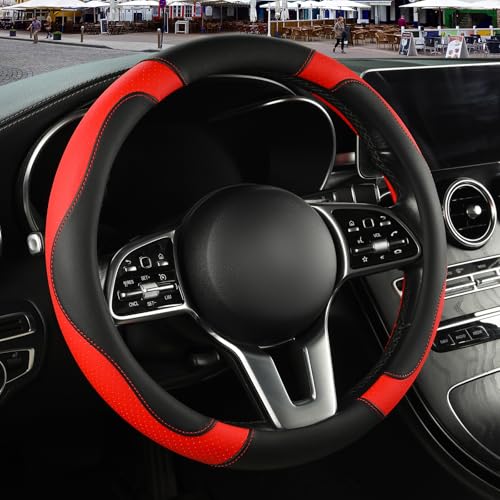 Microfiber Leather Steering Wheel Cover, Breathable, Anti Slip, 13.5 inch to 14 inch, Black with Red - color: Black Red, size: Round-Small[13.5''-14'']