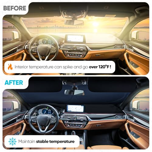 FORTEM Car Sun Shade for Windshield, Reflective Windshield Sunshade, 240T Polyester, Automotive Interior Sun Protection, Ultimate Heat and UV Shield, Foldable, Storage Bag - size: Large (65" x 33.5")