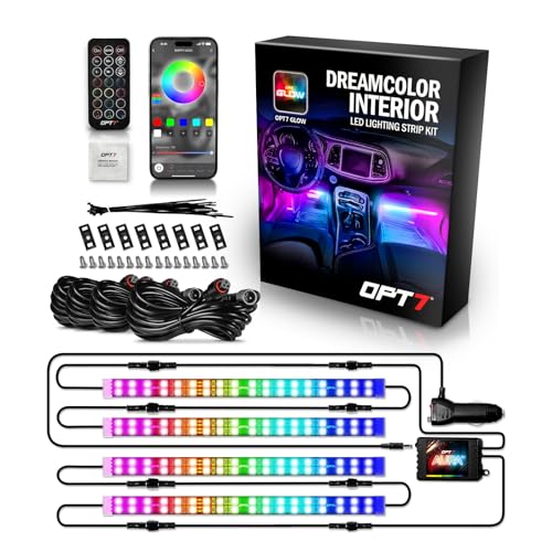 OPT7 Aura DreamColor Interior Light Strips, 4PC Double RGB-IC LED Color Chasing Kit w/APP & Remote Control, Underdash Ambient Lighting Universal for Vehicles Cars Trucks SUVs - size: 4PCS Double Row