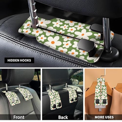 Car Seat Headrest Hook, Universal Leather Cute Hanger Holder Hook, Storage Organizer Interior Accessories for Purse Bags Handbag Cute Green Daisy