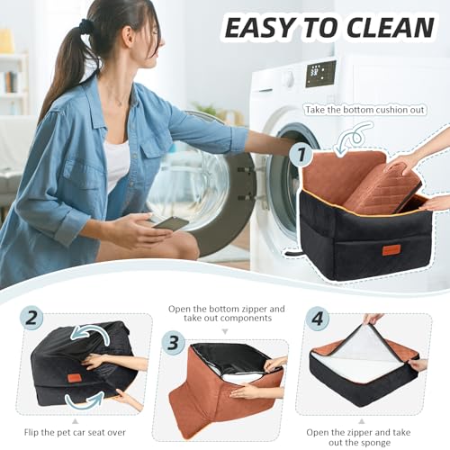Small Dog Car Seat, Memory Foam Dog Booster Seats with Thick Cushion for Medium Dogs Under 35lbs, Detachable Washable Pet Car Seat Travel Bed with Storage Pockets,2 Safety Belts - color: Black+brown