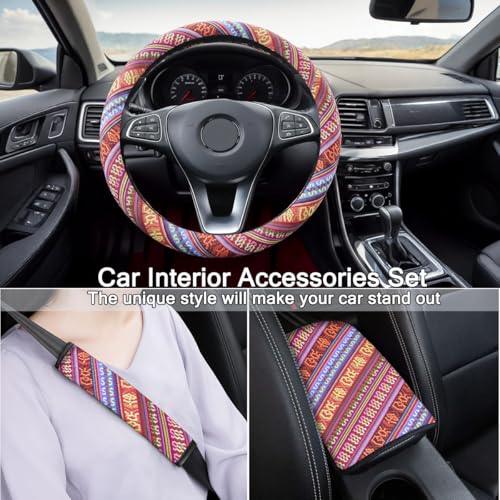 Boho Steering Wheel Cover Set, Seat Belt Cover and Armrest Pad Bohemian Cloth Car Steering Wheel for Women Flax Ethnic Style Steering Wheel Accessories Cover Anti-Slip Fits 14 1/2-15 Inch - Red - color: Brown