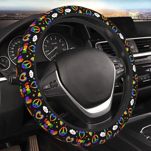 LGBTQ Pride Rainbow Heart Steering Wheel Cover for Women Elastic Rubber Steering Wheel Universal 15 Inch Fit for Cars, Auto, SUVs - color: LGBTQ Pride Rainbow Heart