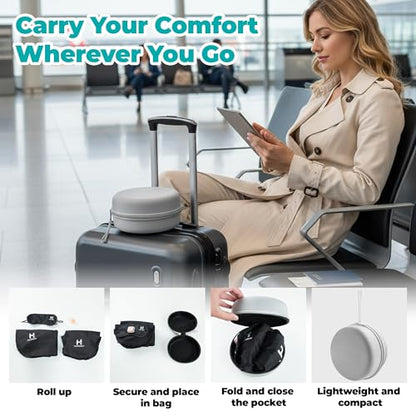 Travel Pillow and Lumbar Support Pillow Set 4 in 1 - Neck Pillow, lumbar Pillow, Eye Mask & Earplugs - Press-to-Inflate Design, 360° Breathable Support for Airplane, Car Travel, Office Nap (Black)