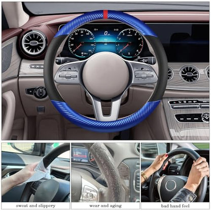 Black & Blue Carbon Fiber Leather Steering Wheel Cover, Microfiber Leather, Anti-Slip, Breathable, Universal Fit for 14.5–15 in Steering Wheel Cover for Men Women - color: Splicing Carbon Fiber - Black and Blue