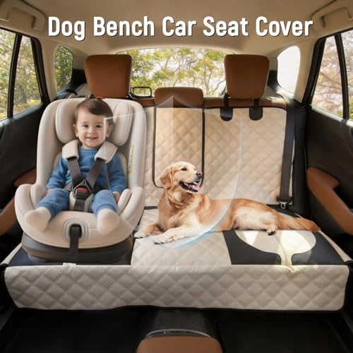 Pet Bench Seat Covers for Mid-Size Sedans and SUVs, Heavy Duty Nonslip Car Seat Protector for Child Car Seat, Waterproof Back Seat Covers for Dogs and Kids, Armrest & Seatbelt Access(Beige)