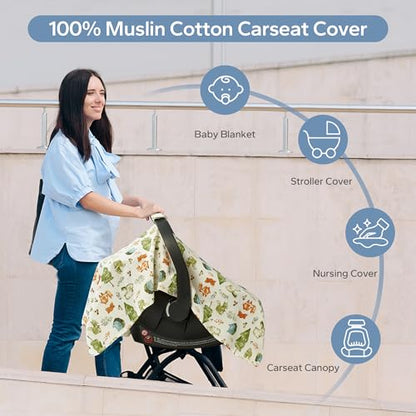 SERAPHY 100% Muslin Cotton Car Seat Cover Baby, 2 Pack Universal Carseat Covers Baby Boy Girl, Breathable Car Seat Canopy, Soft Infant Car Seat Cover for Summer and Winter—2 Pcs Green&Forest - color: Green&Forest