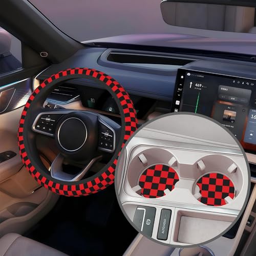 Black and Red Checkered Steering Wheel Cover with 2 Pcs Car Coasters Neoprene Steering Wheel Cover for Women Men Anti-Slip Breathable Car Accessories Universal 15 Inch Fit Auto Cars Trucks - color: Black and Red Checkered