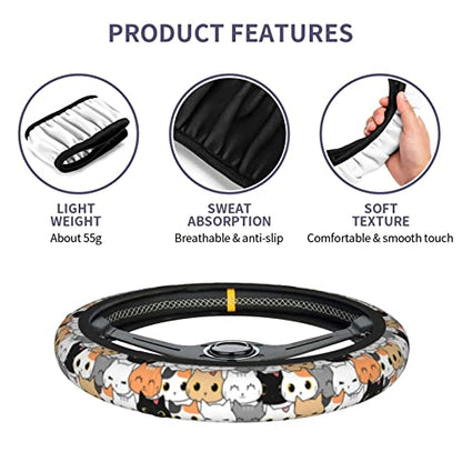 Cat Steering Wheel Cover for Women Men with 2 Pcs Car Coasters, Universal 14.5-15 Inch Cute Steering Wheel Covers Non-Slip Car Accessories for Girls - color: cat0