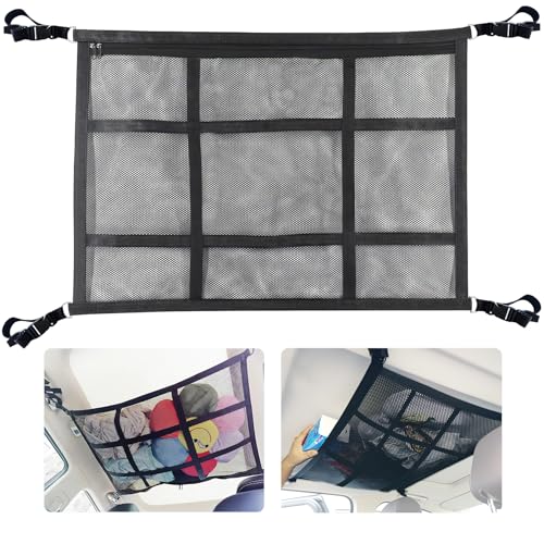 Car Ceiling Cargo Net for SUV,35.4"X25.6" Car Ceiling Storage,Load Capacity Automotive Cargo nets Interior Accessories for Van,Double-Layer Mesh Automotive Roof Camping Essentials