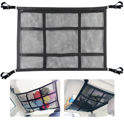 Car Ceiling Cargo Net for SUV,35.4"X25.6" Car Ceiling Storage,Load Capacity Automotive Cargo nets Interior Accessories for Van,Double-Layer Mesh Automotive Roof Camping Essentials