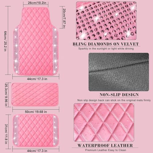 NBTEPEM Pink Bling Leather Car Floor Mats Full Set, Sparkly Diamond Car Mats Universal Fit Most Automotive, Glitter Rhinestone Carpet Waterproof Anti-Slip, 5 pcs Set (Pink Leather Diamond) - color: Pink Leather Diamond