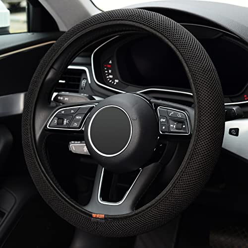 Elastic Stretch Steering Wheel Cover, Warm in Winter and Cool in Summer, Universal 15 inch Microfiber Breathable Ice Silk Anti Slip Car Interior Accessories, Odorless, Easy Carry, Black - color: All black