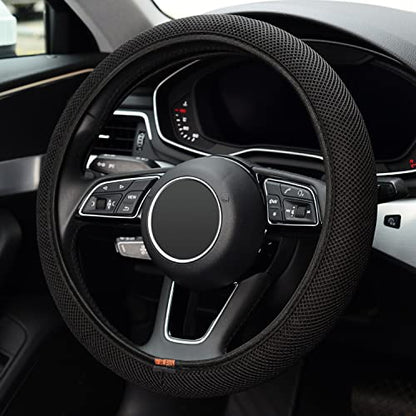 Elastic Stretch Steering Wheel Cover, Warm in Winter and Cool in Summer, Universal 15 inch Microfiber Breathable Ice Silk Anti Slip Car Interior Accessories, Odorless, Easy Carry, Black - color: All black